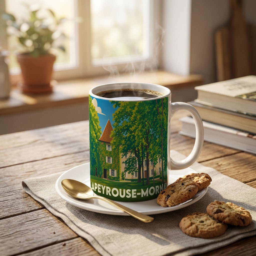 Mug souvenir de la ville de Lapeyrouse-Mornay avec une illustration stylisée.