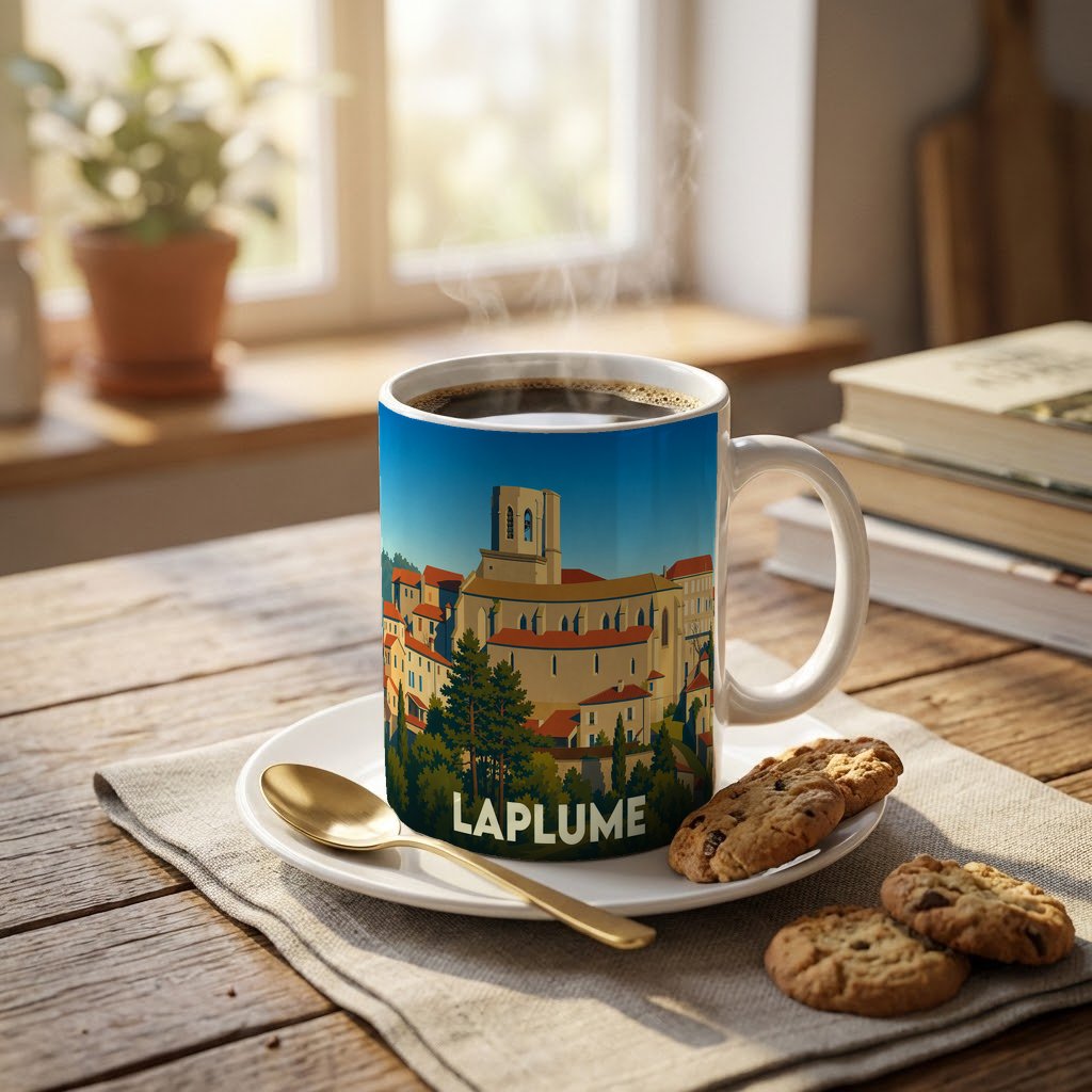 Mug souvenir de la ville de Laplume avec une illustration stylisée de son église et de ses toits.