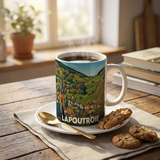 Mug souvenir de la ville de Lapoutroie orné d'une illustration stylisée de son paysage montagneux.