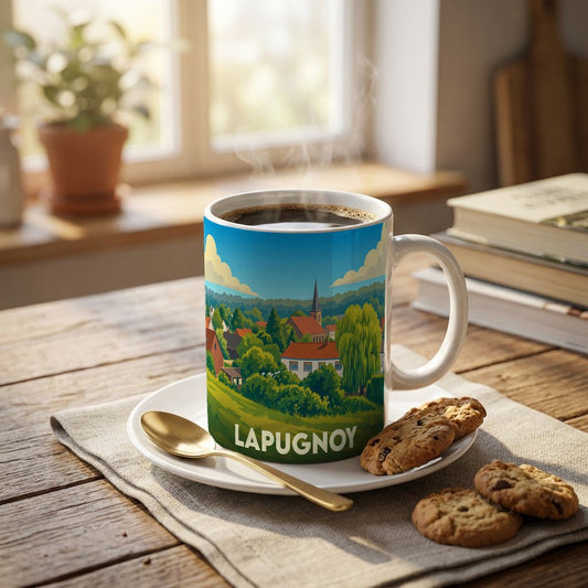 Mug souvenir de la ville de Lapugnoy avec une illustration stylisée d'un paysage verdoyant et de son église.