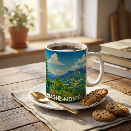 Mug souvenir de la ville de Laragne-Montéglin illustré d'un paysage montagneux stylisé.