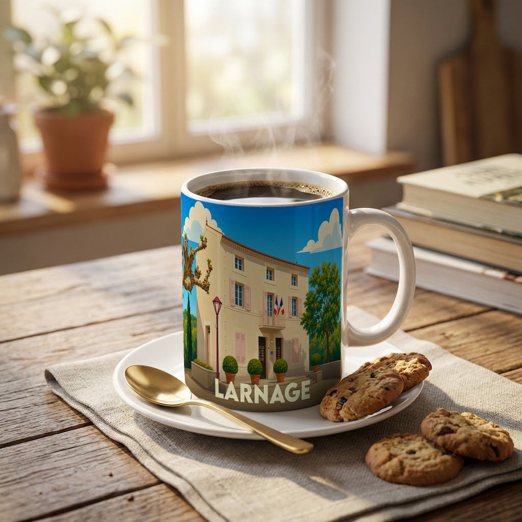 Mug souvenir de la ville de Larnage avec une illustration stylisée de son hôtel de ville.
