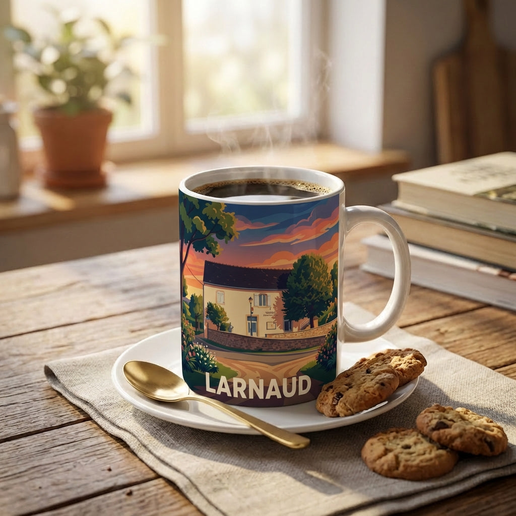 Mug souvenir de la ville de Larnaud avec une illustration stylisée.