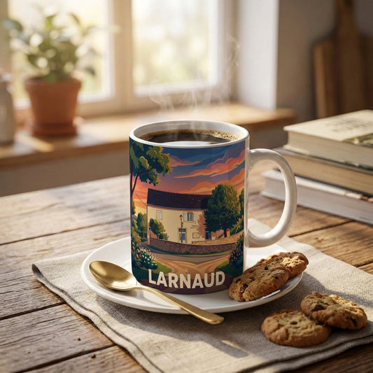 Mug souvenir de la ville de Larnaud avec une illustration stylisée.