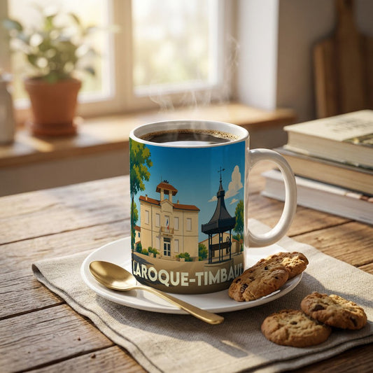 Mug souvenir de la ville de Laroque-Timbaut avec une illustration stylisée de son architecture emblématique.