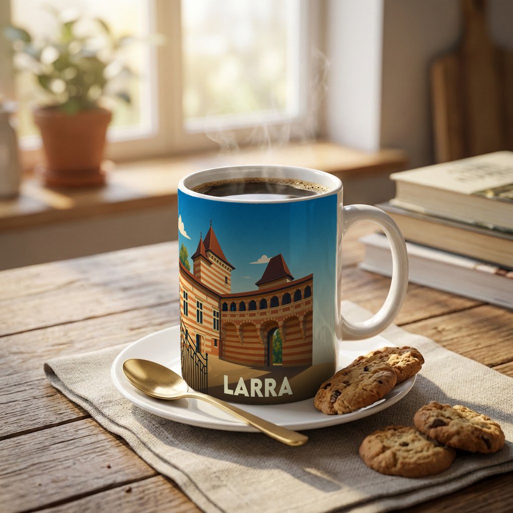 Mug souvenir de la ville de Larra illustré d'un monument historique stylisé, posé sur une table en bois avec des biscuits.