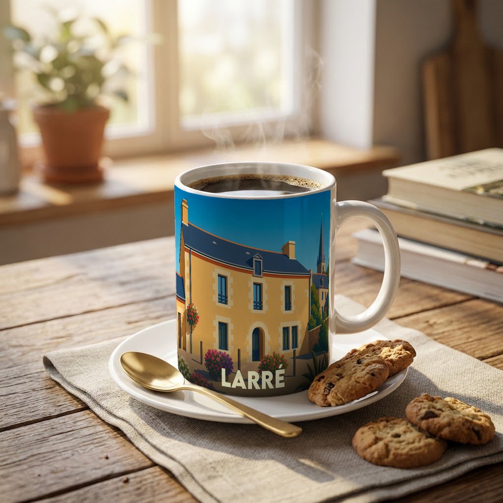 Mug souvenir de la ville de Larré avec une illustration stylisée d'une maison traditionnelle.