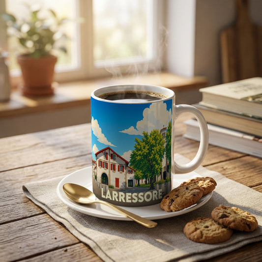 Mug souvenir de la ville de Larressore illustré d'un paysage urbain coloré et stylisé.