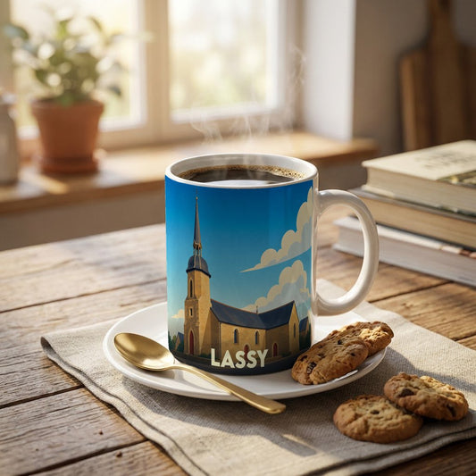 Mug souvenir de la ville de Lassy orné d'une illustration stylisée de son église.