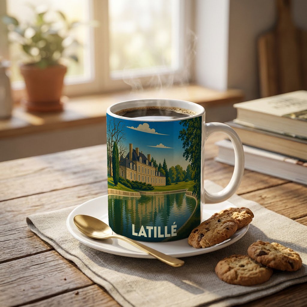 Mug souvenir de la ville de Latillé orné d'une illustration stylisée d'un château au bord de l'eau.