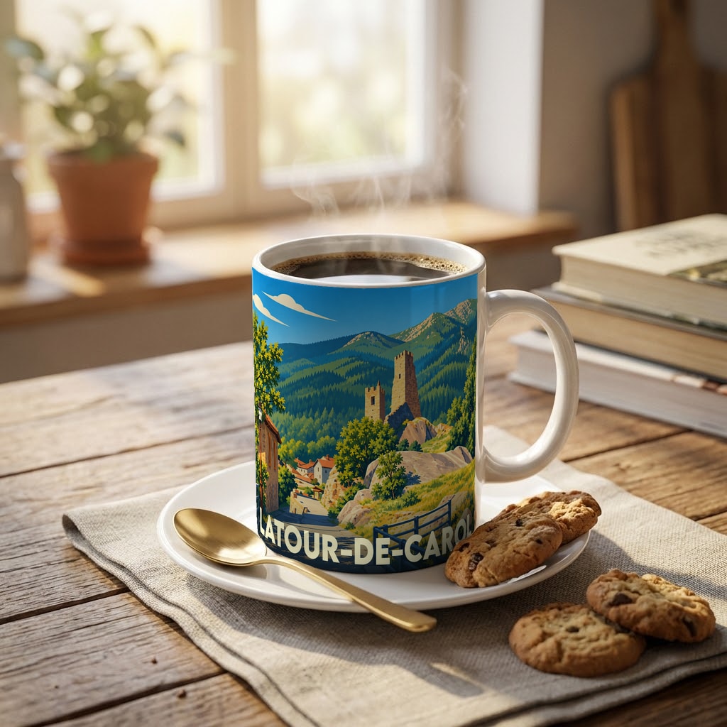 Mug souvenir de la ville de Latour-de-Carol avec une illustration stylisée d'un paysage de montagne.