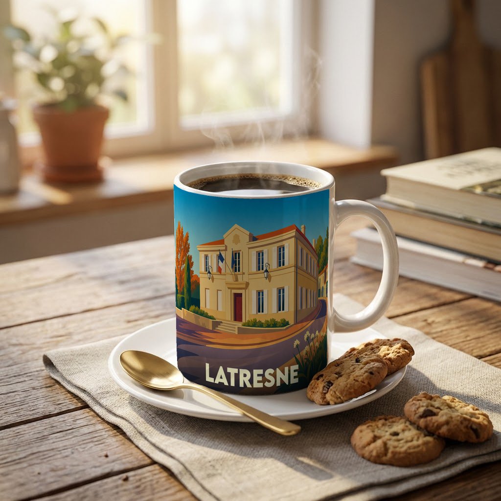 Mug souvenir de la ville de Latresne avec une illustration stylisée d'un bâtiment emblématique.