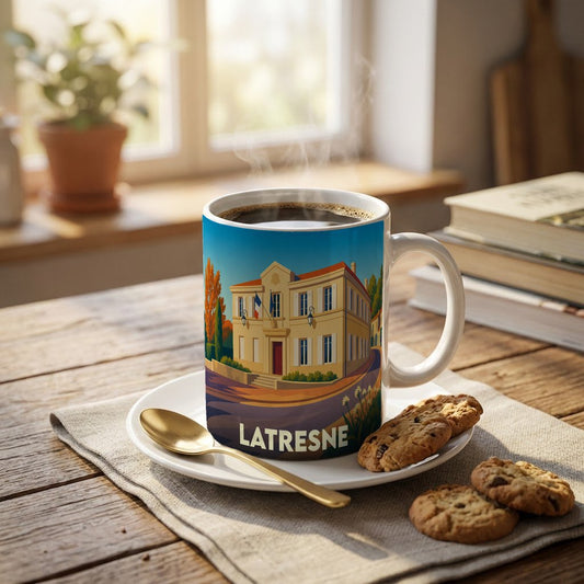 Mug souvenir de la ville de Latresne avec une illustration stylisée de sa mairie.