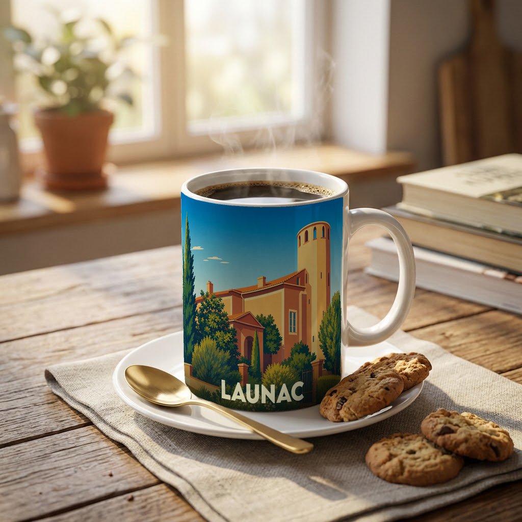 Mug souvenir de la ville de Launac orné d'une illustration stylisée de son château.