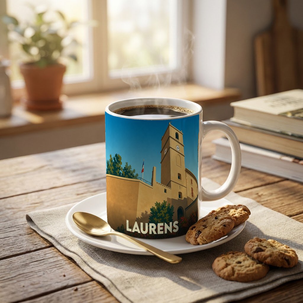 Mug souvenir de la ville de Laurens orné d'une illustration stylisée de son clocher.