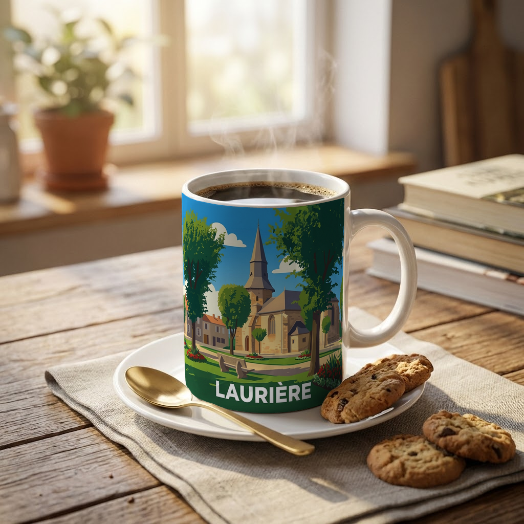 Mug souvenir de la ville de Laurière avec une illustration stylisée.