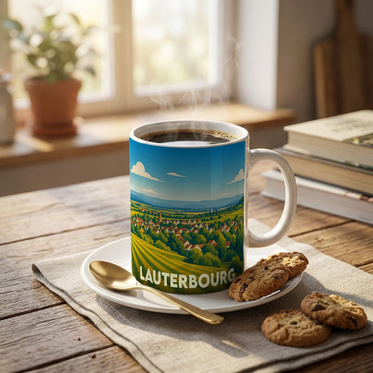 Mug souvenir de la ville de Lauterbourg avec une illustration stylisée d'un paysage alsacien.