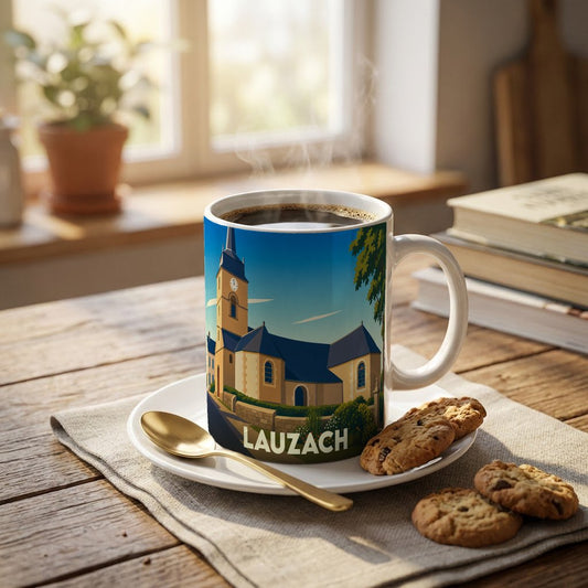 Mug souvenir de la ville de Lauzach illustré d'une église stylisée sur une table en bois.