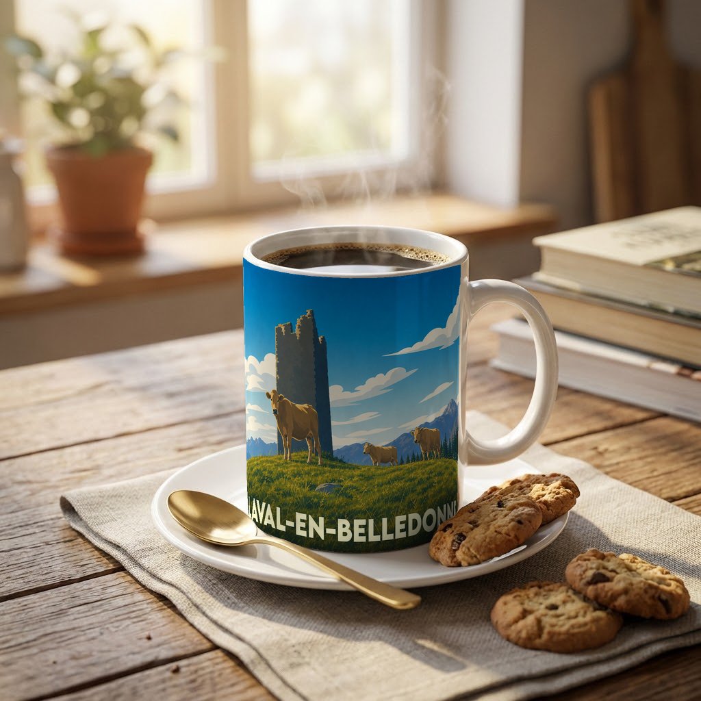 Mug souvenir de la ville de Laval-en-Belledonne avec une illustration stylisée montrant des vaches devant une tour médiévale.
