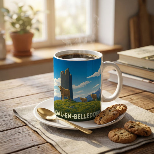 Mug souvenir de la ville de Laval-en-Belledonne avec une illustration stylisée montrant des vaches devant une tour médiévale.