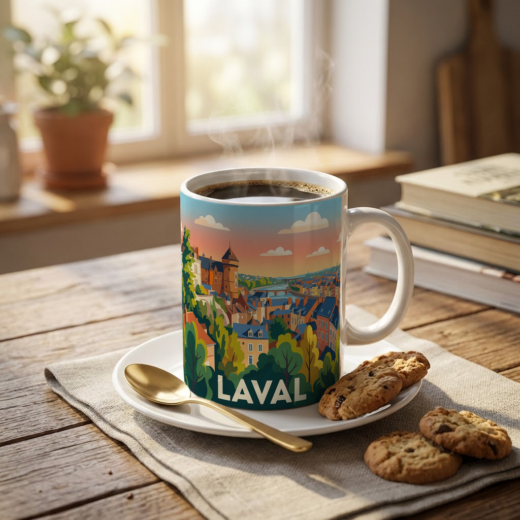 Mug souvenir de la ville de Laval avec une illustration stylisée.