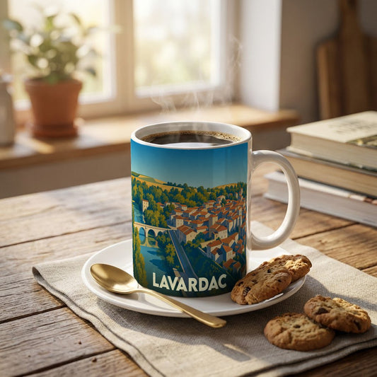 Mug souvenir de la ville de Lavardac orné d'une illustration stylisée de ses paysages et de son pont.