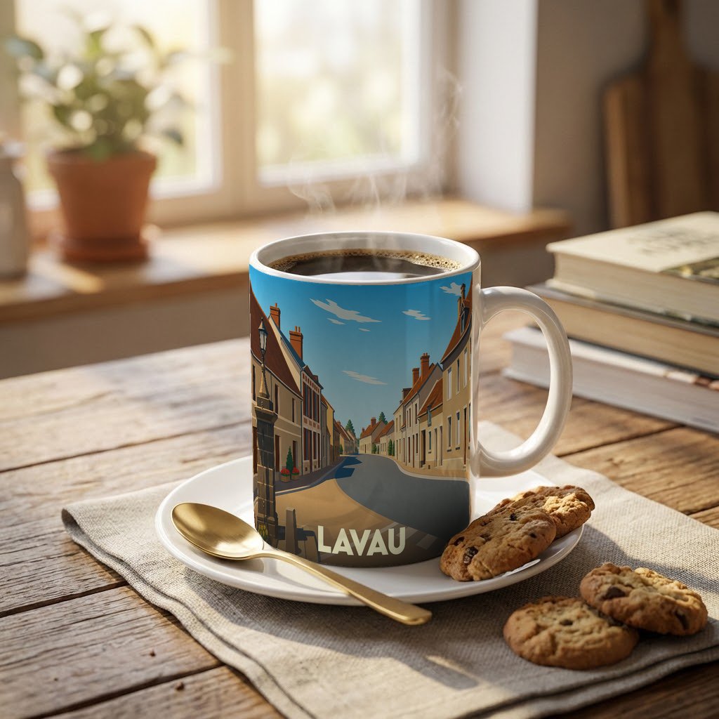 Mug souvenir de la ville de Lavau orné d'une illustration stylisée de ses rues pittoresques.