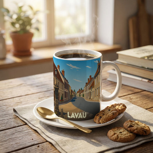Mug souvenir de la ville de Lavau orné d'une illustration stylisée de ses rues pittoresques.