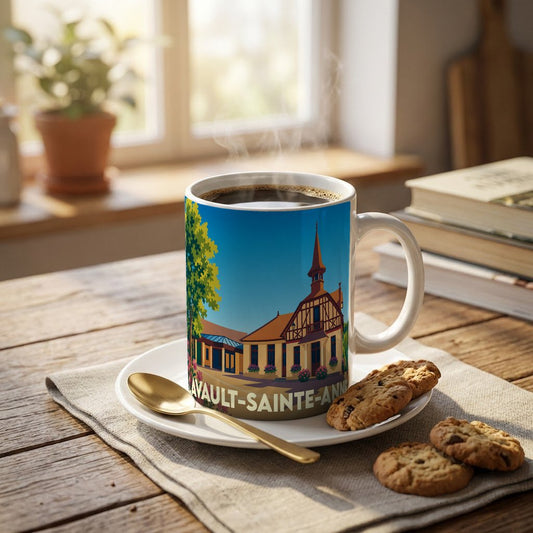 Mug souvenir de la ville de Lavault-Sainte-Anne avec une illustration stylisée d'un bâtiment historique.