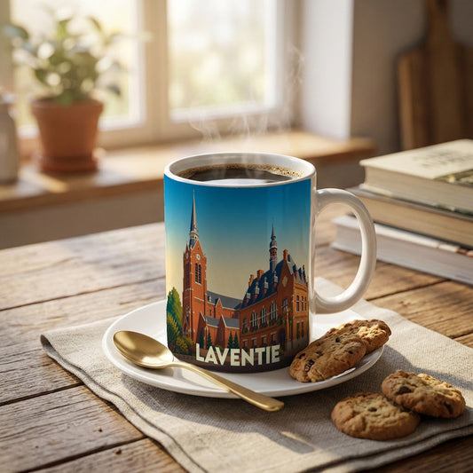 Mug souvenir de la ville de Laventie illustré par un dessin stylisé de son église et de son hôtel de ville.