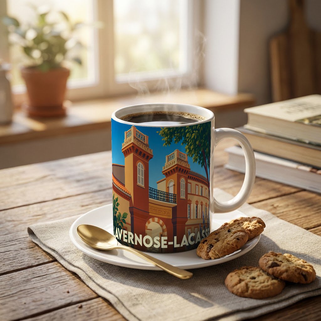 Mug souvenir de la ville de Lavernose-Lacasse avec une illustration stylisée de son patrimoine architectural.