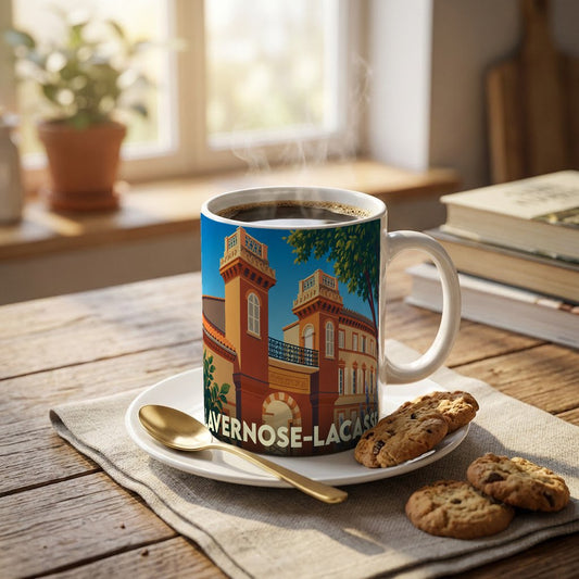 Mug souvenir de la ville de Lavernose-Lacasse avec une illustration stylisée de son patrimoine architectural.