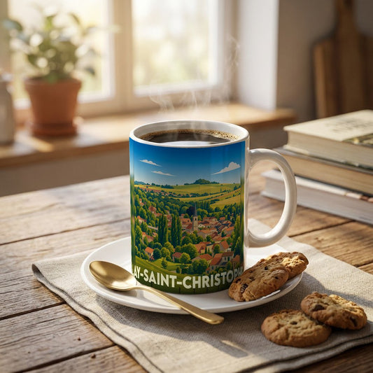 Mug souvenir de la ville de Lay-Saint-Christophe avec une illustration stylisée de son paysage urbain et verdoyant.