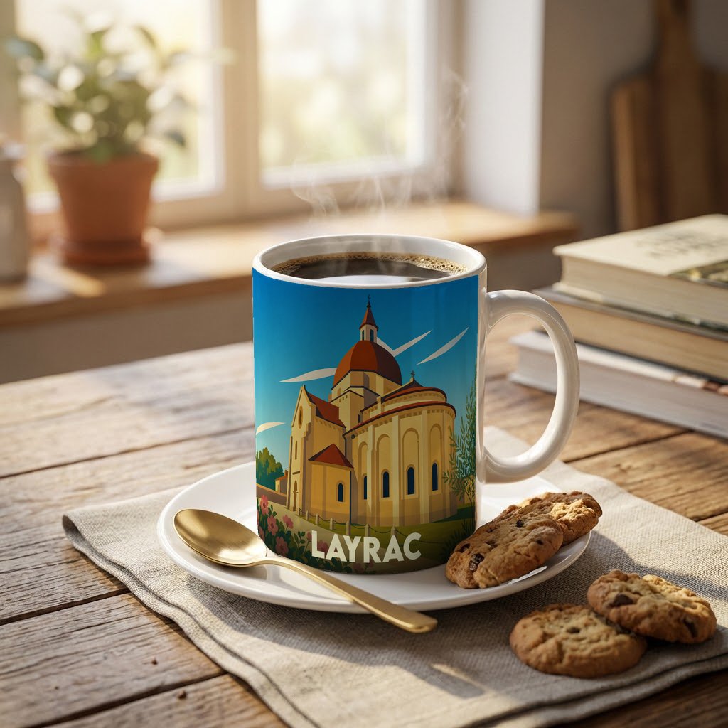 Mug souvenir de la ville de Layrac avec une illustration stylisée d'un monument historique.