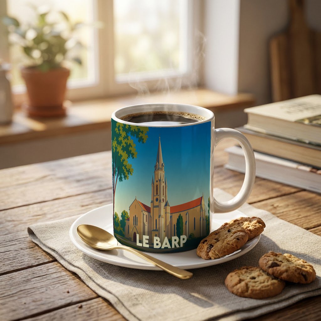 Mug souvenir de la ville de Le Barp avec une illustration stylisée de son église.