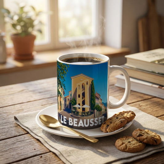 Mug souvenir de la ville de Le Beausset orné d'une illustration stylisée d'un village provençal.