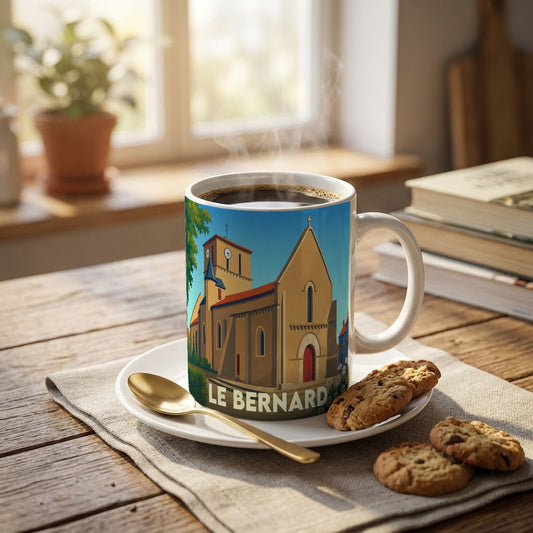 Mug souvenir de la ville de Le Bernard avec une illustration stylisée de son église.