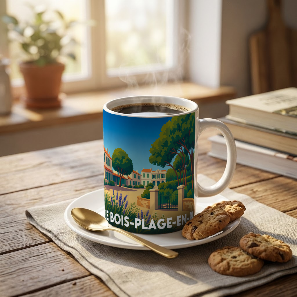 Mug souvenir de la ville de Le Bois-Plage-en-Ré avec une illustration stylisée.
