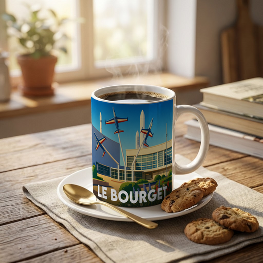 Mug souvenir de la ville de Le Bourget avec une illustration stylisée sur le thème de l'aviation.