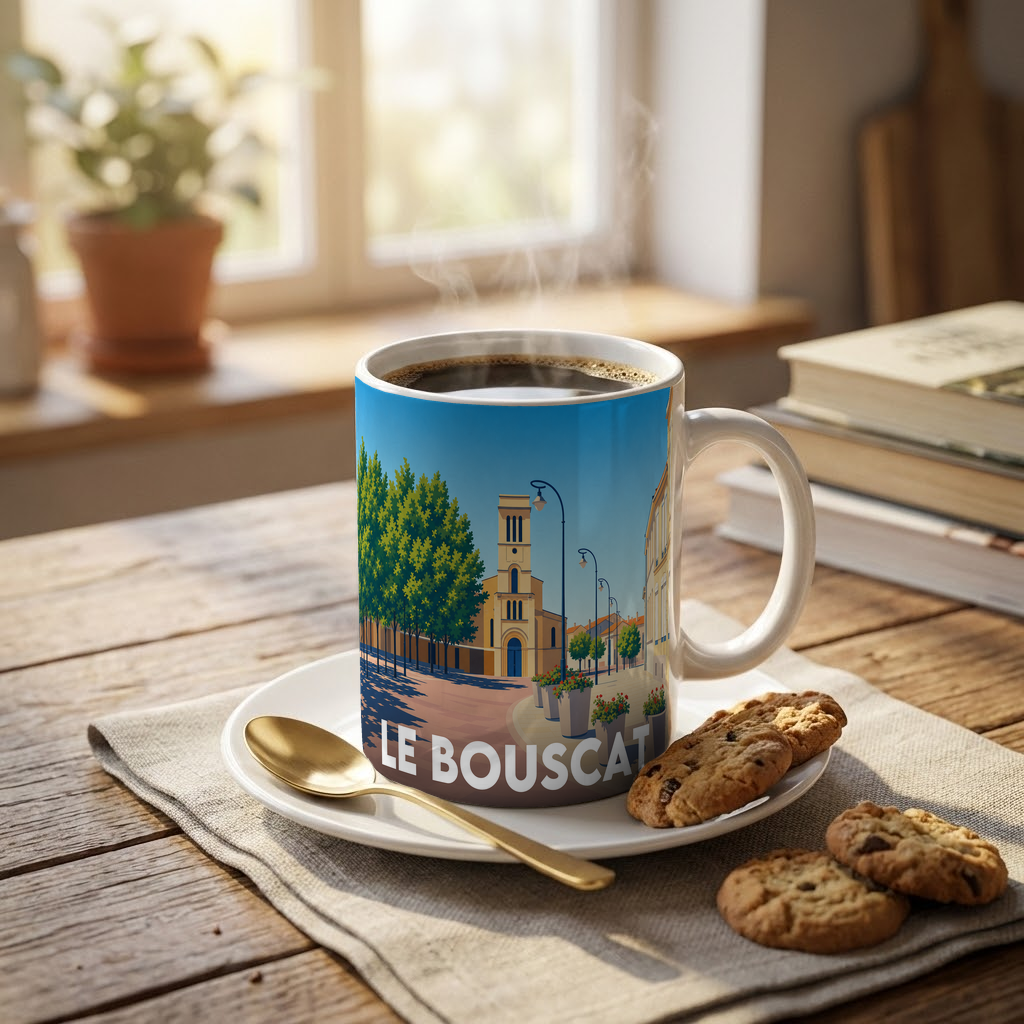 Mug souvenir de la ville de Le Bouscat avec une illustration stylisée.