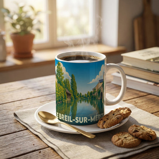 Mug souvenir de la ville de Le Breil-sur-Mérize avec une illustration stylisée d'un paysage fluvial.