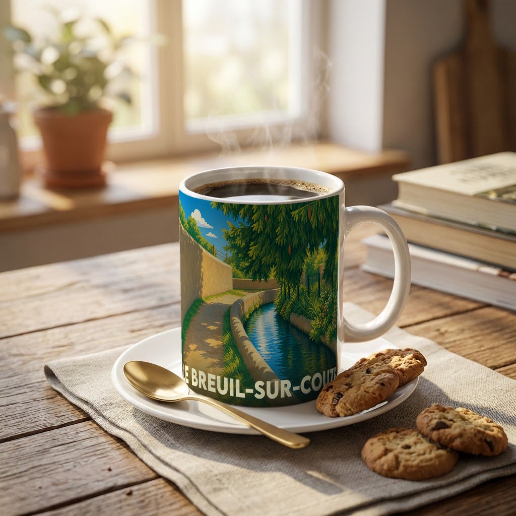 Mug souvenir de la ville de Le Breuil-sur-Couze avec une illustration stylisée d'un canal bordé de verdure.