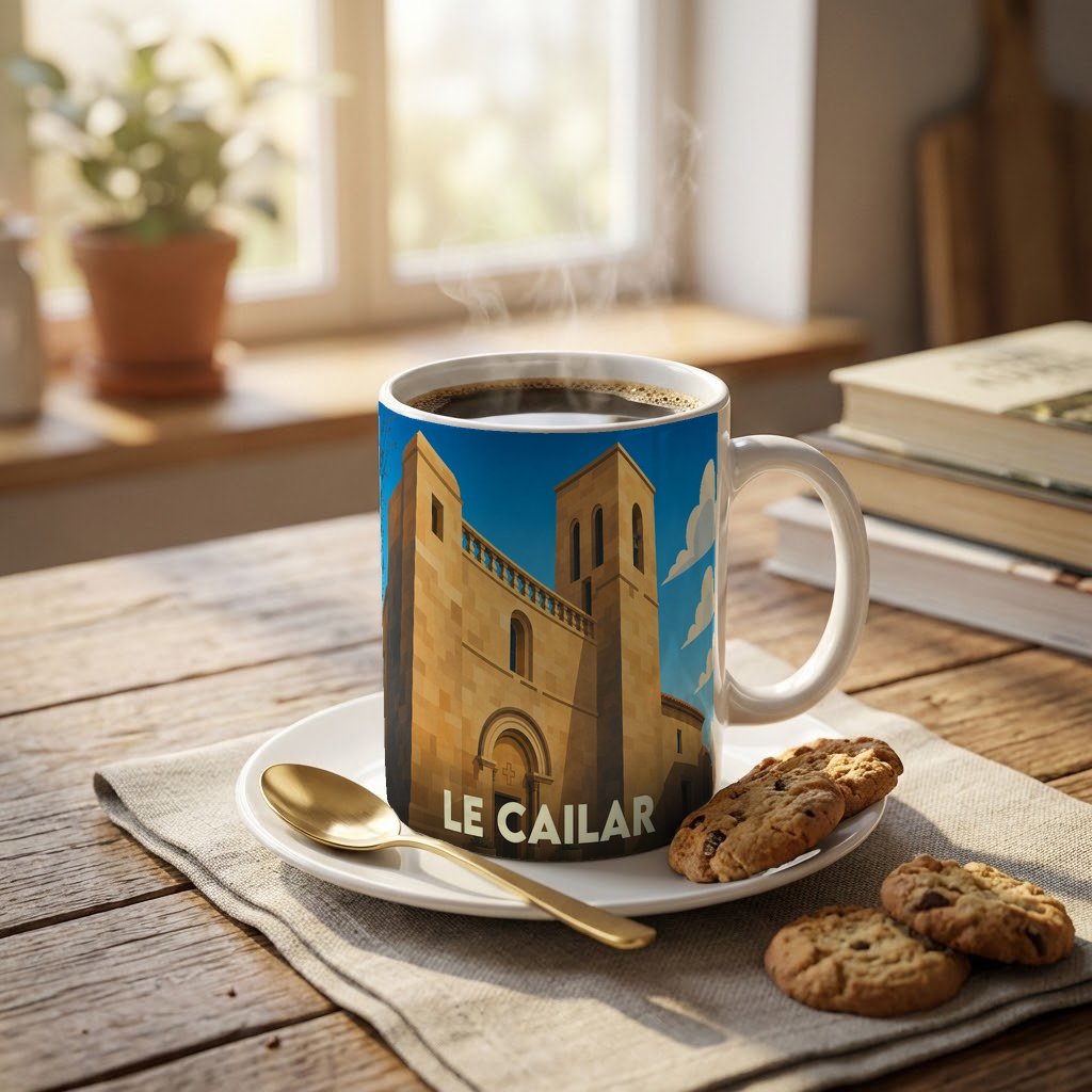 Mug souvenir de la ville de Le Cailar illustré d'un monument historique stylisé.