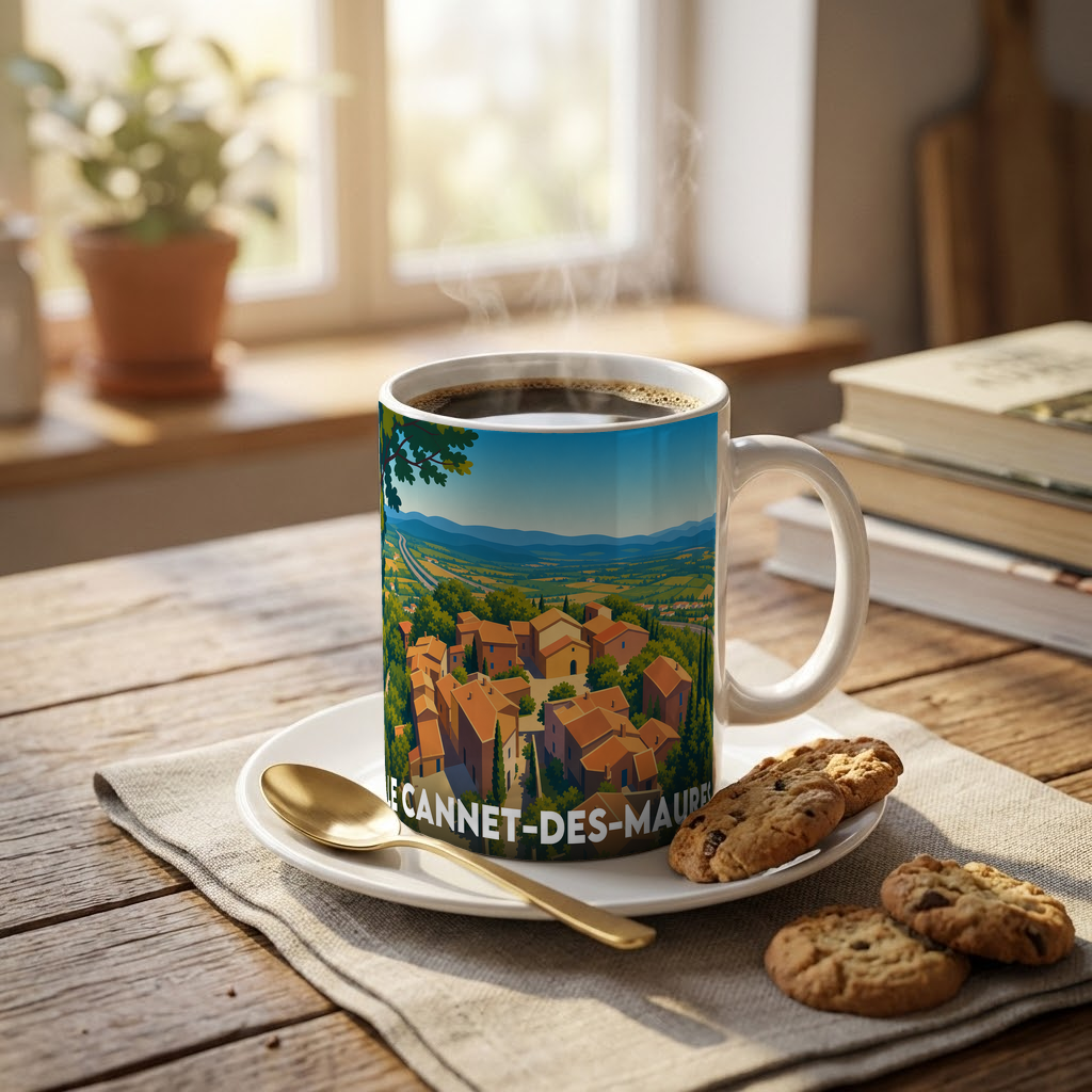 Mug souvenir de la ville de Le Cannet-des-Maures avec une illustration stylisée.