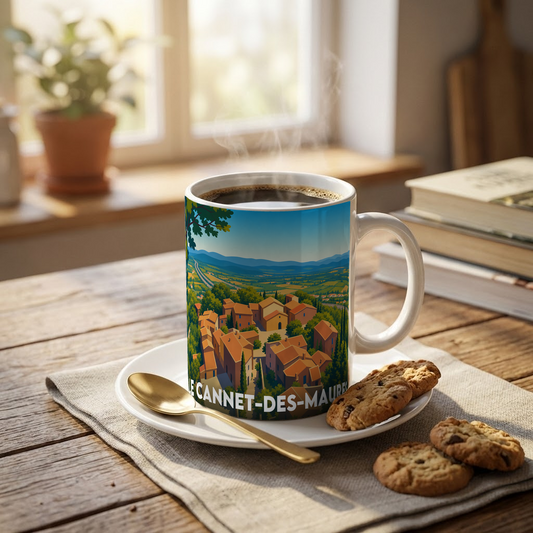 Mug souvenir de la ville de Le Cannet-des-Maures avec une illustration stylisée.