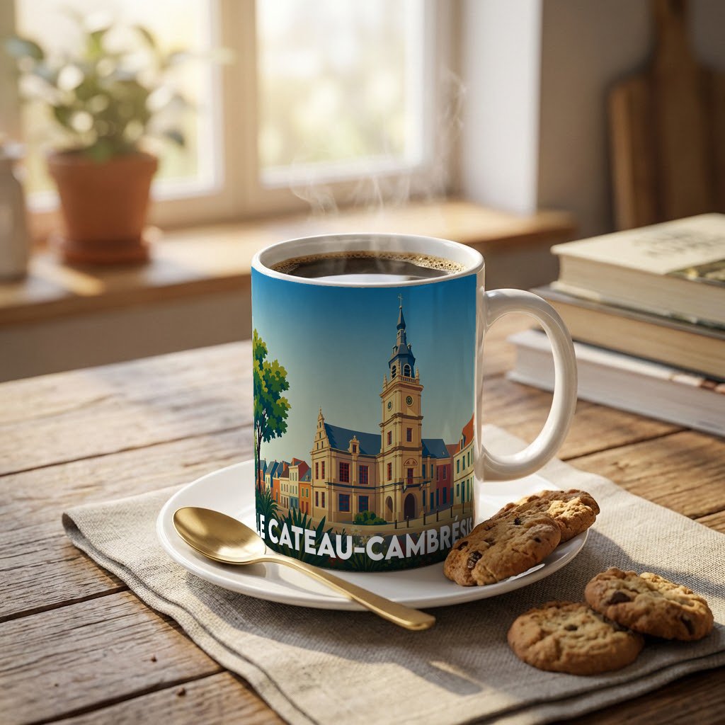 Mug souvenir de la ville de Le Cateau-Cambrésis illustré d'une vue stylisée de son hôtel de ville.