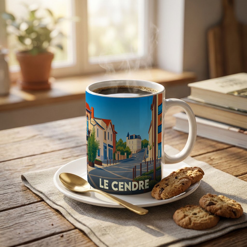Mug souvenir de la ville du Cendre avec une illustration urbaine stylisée.