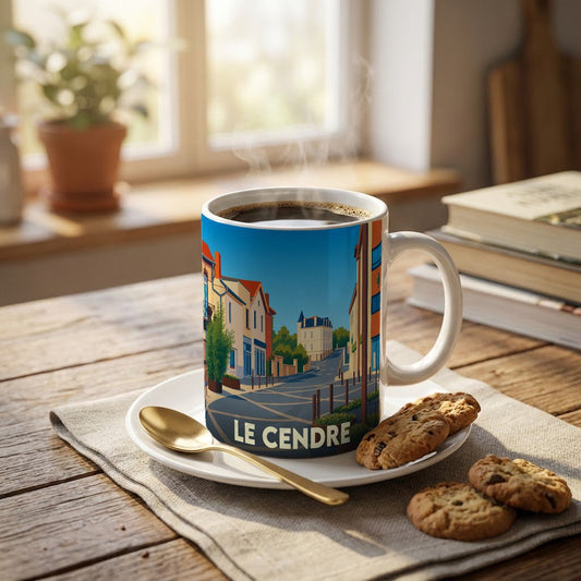 Mug souvenir de la ville du Cendre avec une illustration urbaine stylisée.