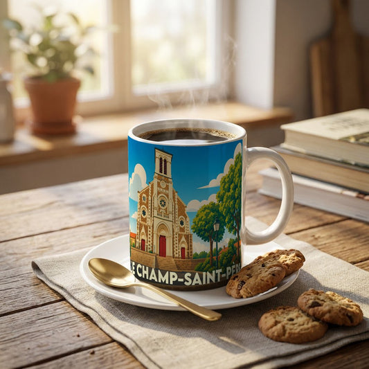 Mug souvenir de la ville du Champ-Saint-Père avec une illustration stylisée de son église.