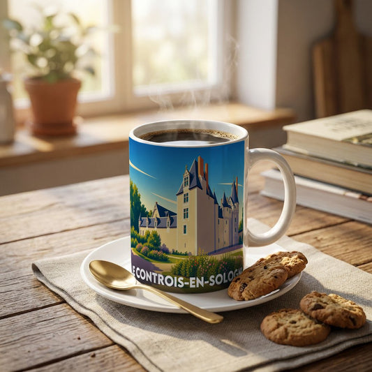 Mug souvenir de la commune de Le Controis-en-Sologne illustré d'un château stylisé.